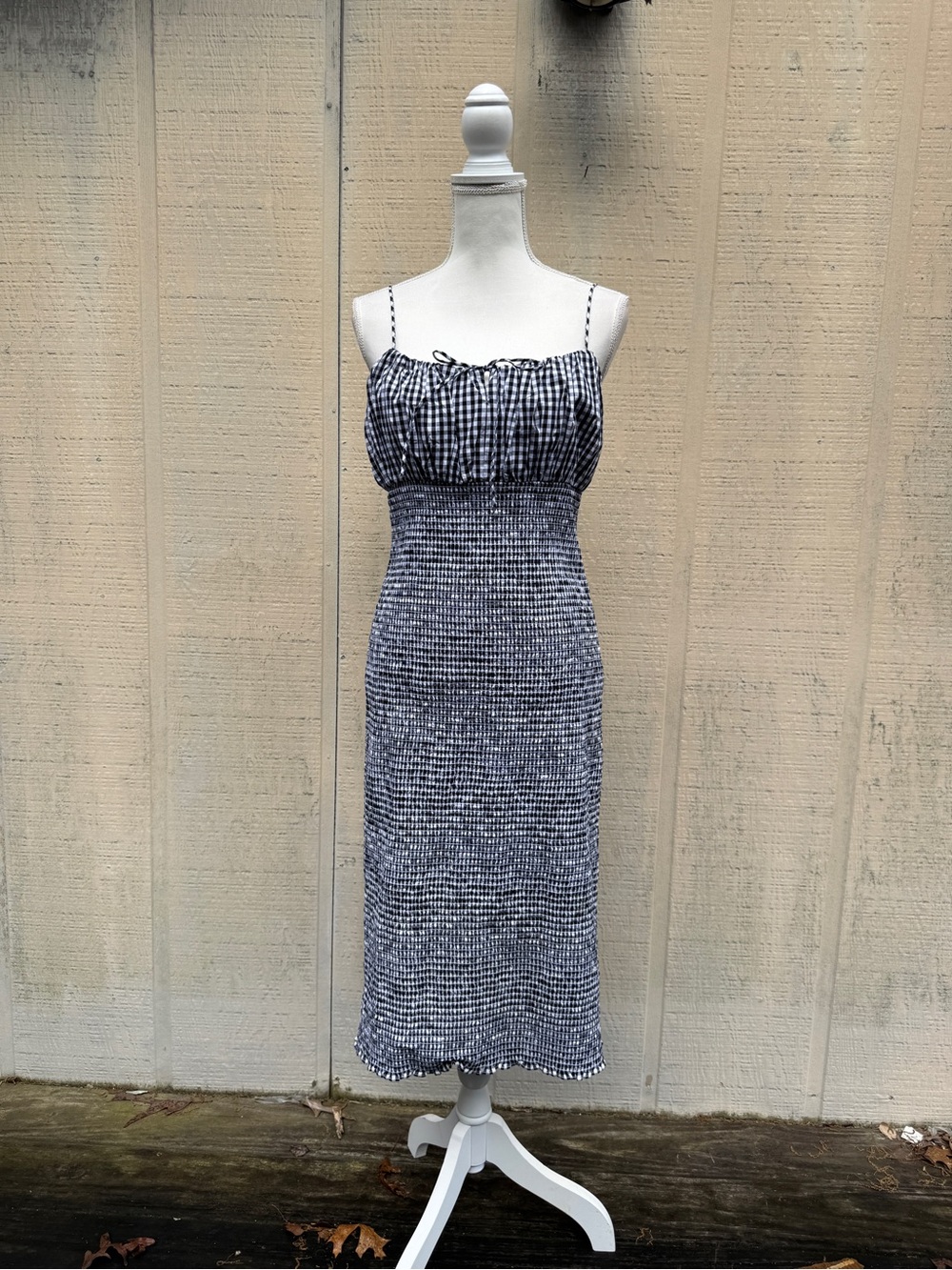 J. Crew Black and White Gingham Smocked Midi Dress